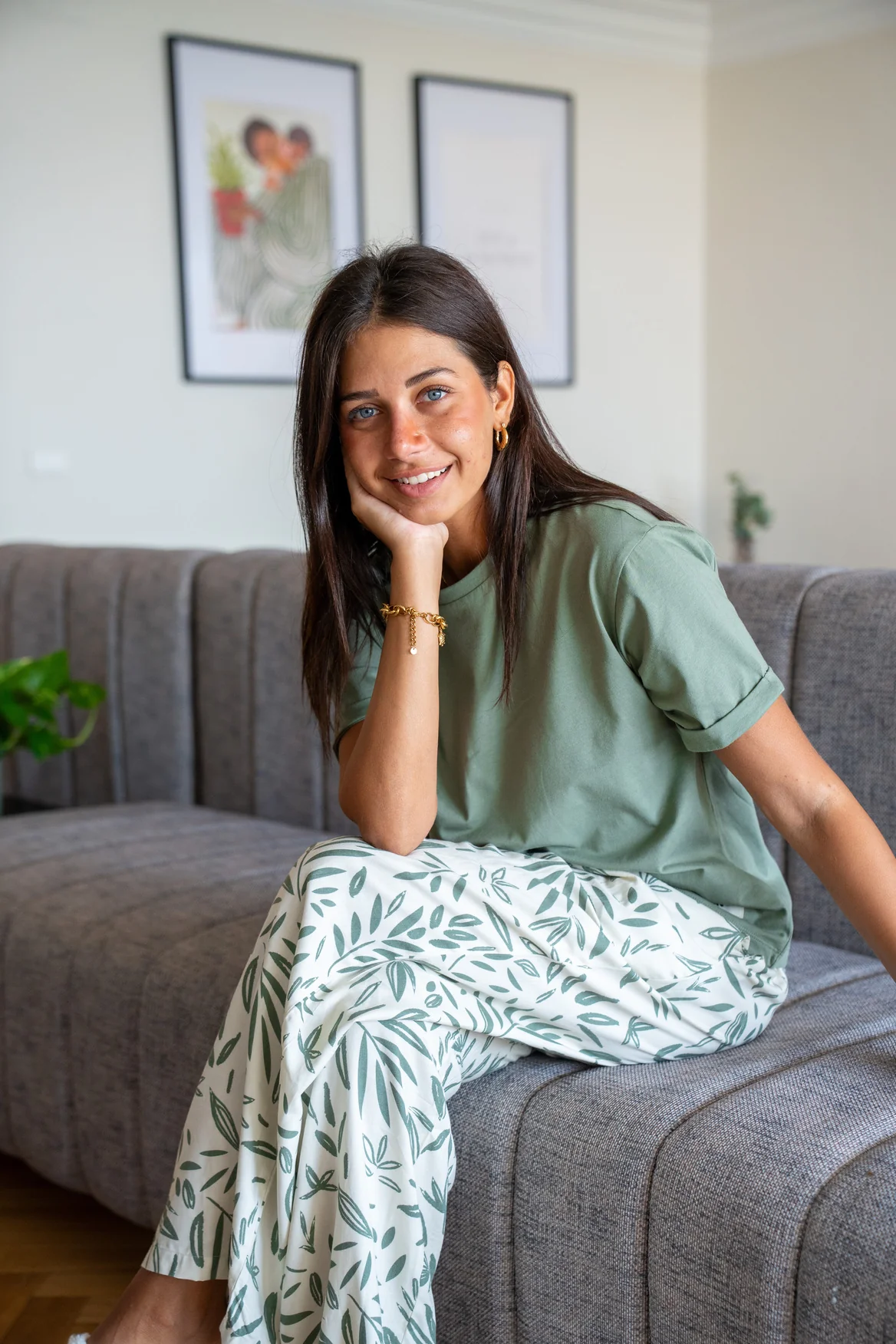 Women summer pajama set Olive Tee + Green Leaves Pants - Image 3