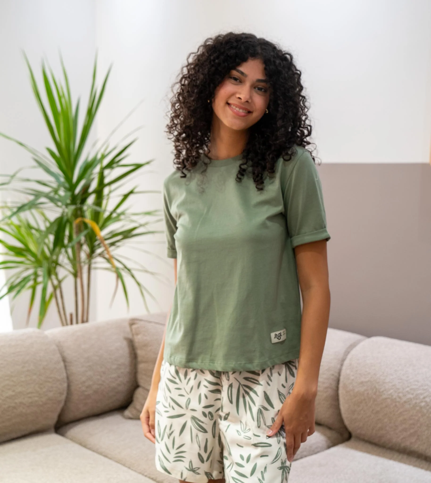 Women summer pajama set Olive Tee + Green Leaves shorts - Image 2