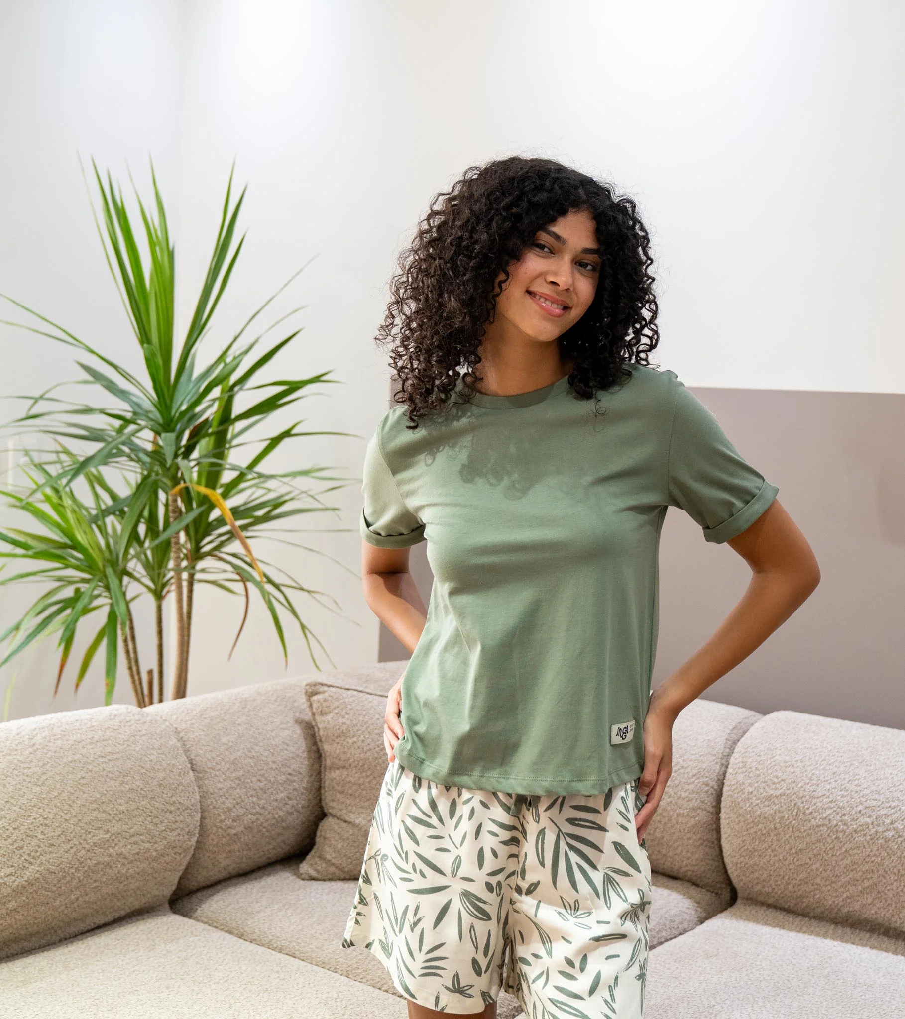 Women summer pajama set Olive Tee + Green Leaves shorts - Image 3