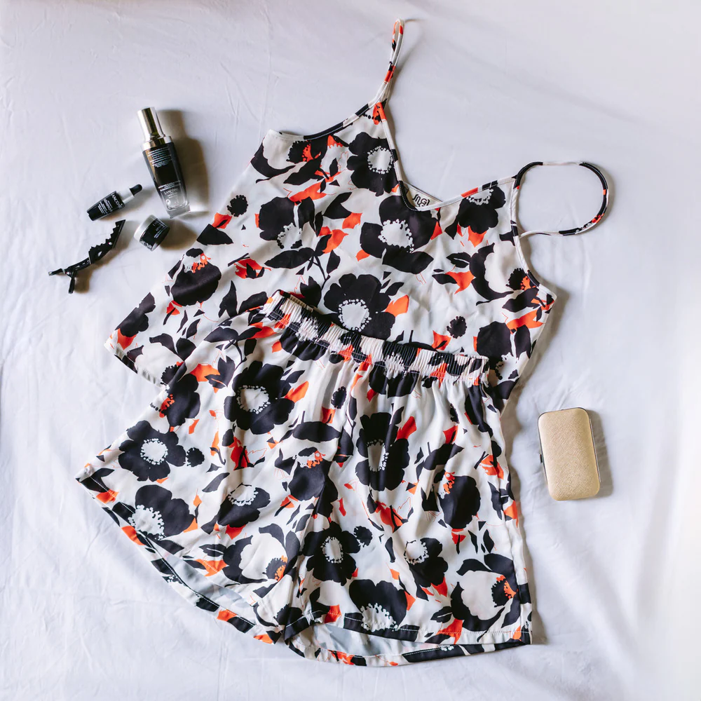 Women summer pajama set Orange x Black Floral Pattern top + shorts - Image 2