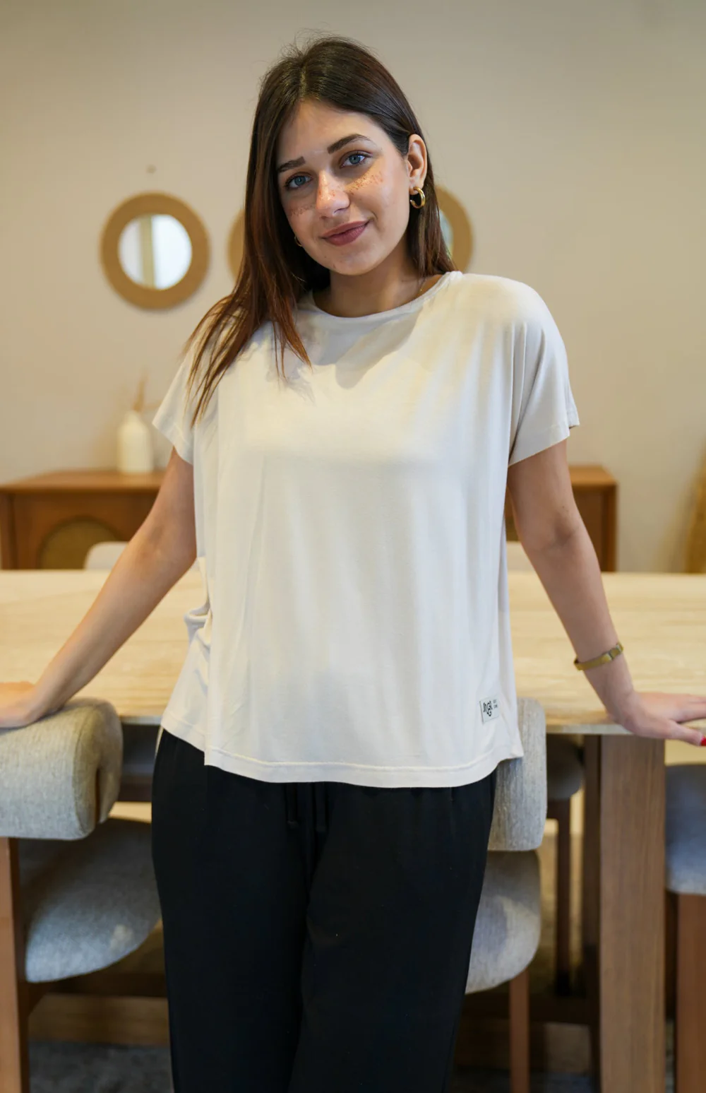Women summer pajama set Oversized Beige shirt + Black Pants - Image 2