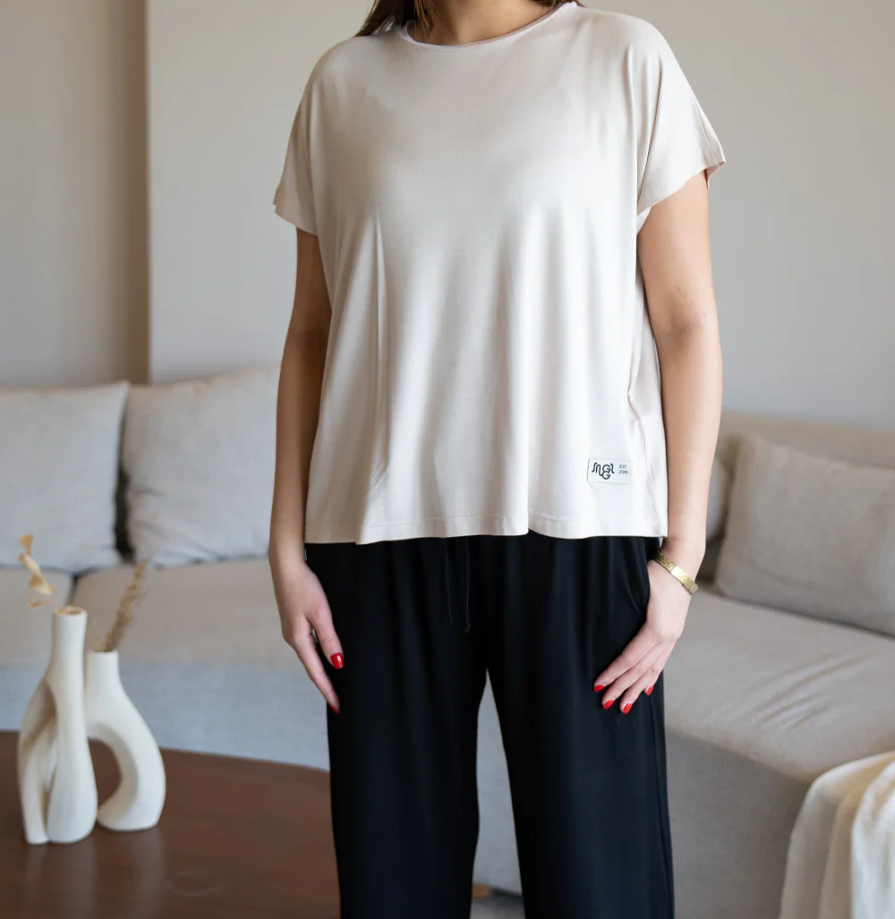 Women summer pajama set Oversized Beige shirt + Black Pants - Image 3