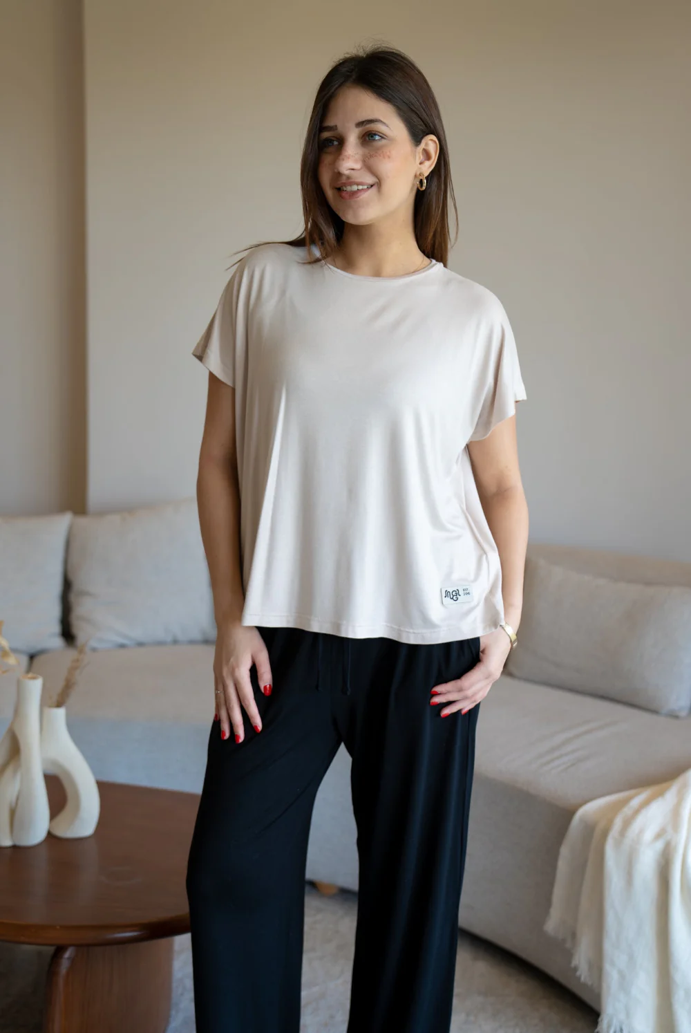 Women summer pajama set Oversized Beige shirt + Black Pants - Image 4