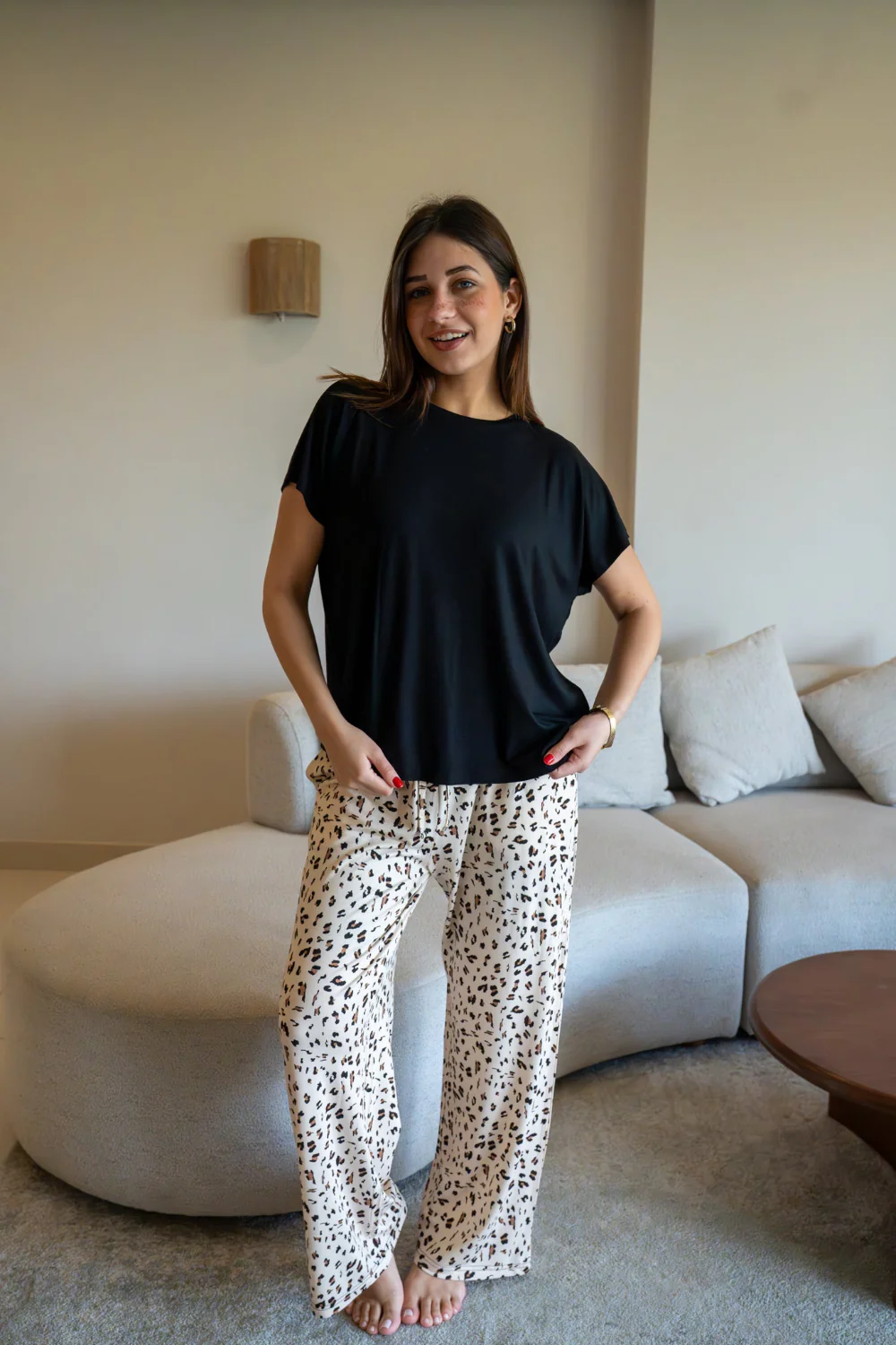 Women summer pajama set Oversized Black shirt + Leopard Pants - Image 2