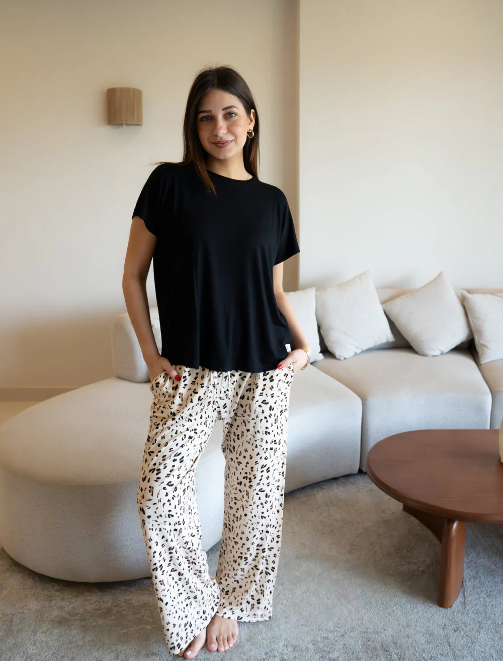 Women summer pajama set Oversized Black shirt + Leopard Pants - Image 3
