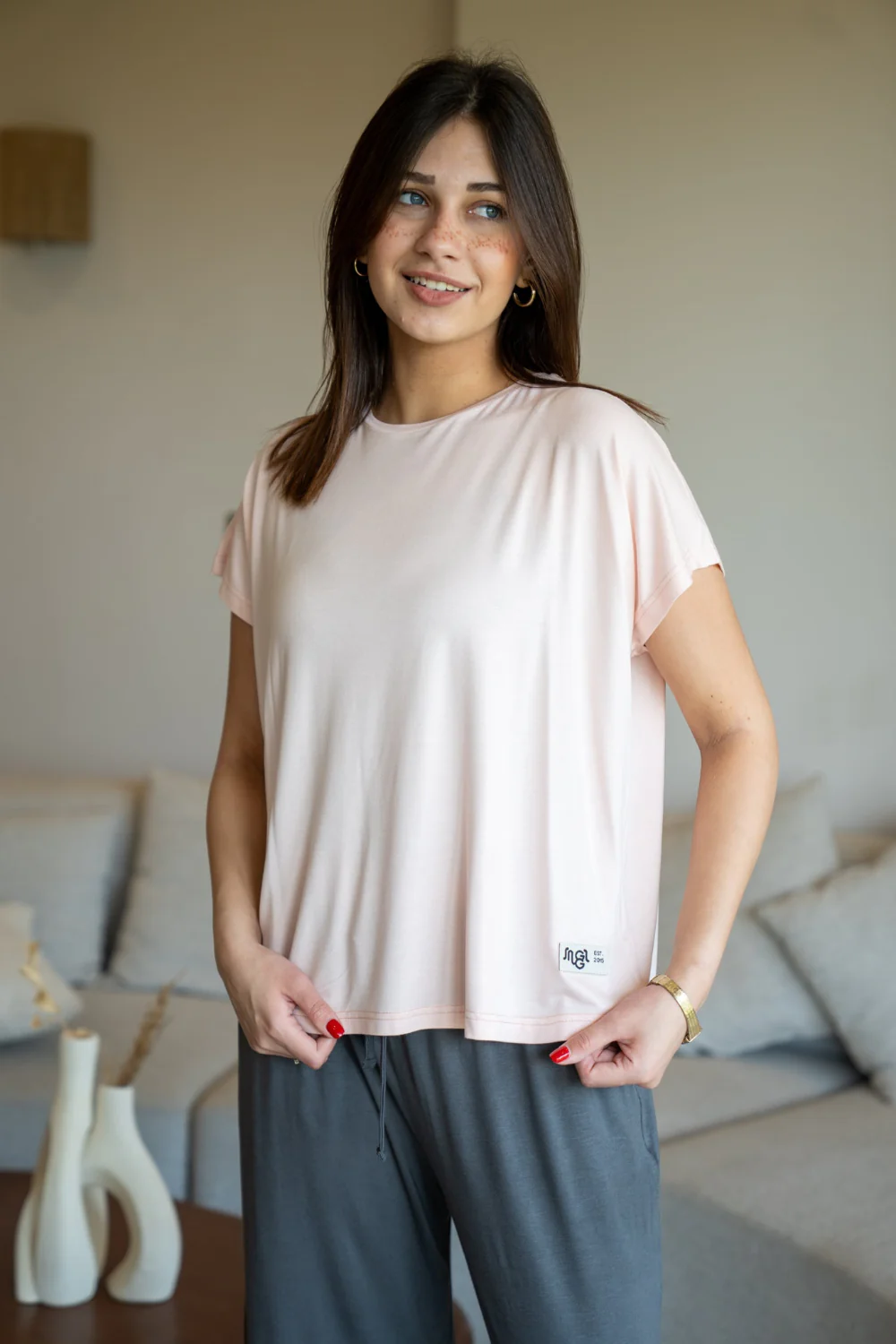 Women summer pajama set Oversized Body Rose shirt + Dark Grey Pants - Image 2