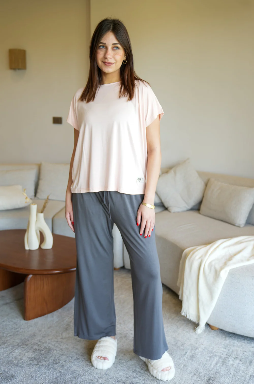 Women summer pajama set Oversized Body Rose shirt + Dark Grey Pants - Image 3