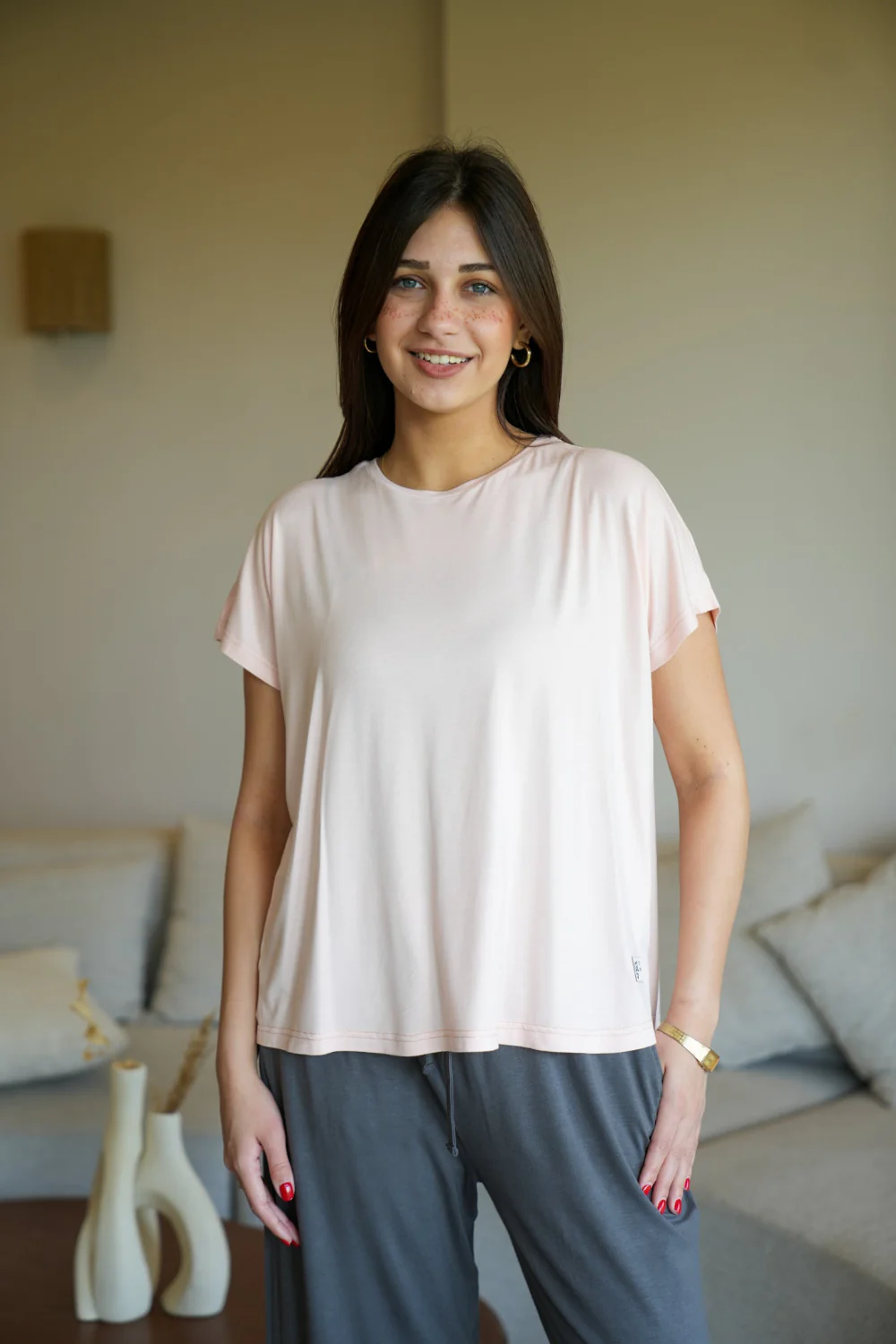Women summer pajama set Oversized Body Rose shirt + Dark Grey Pants - Image 4