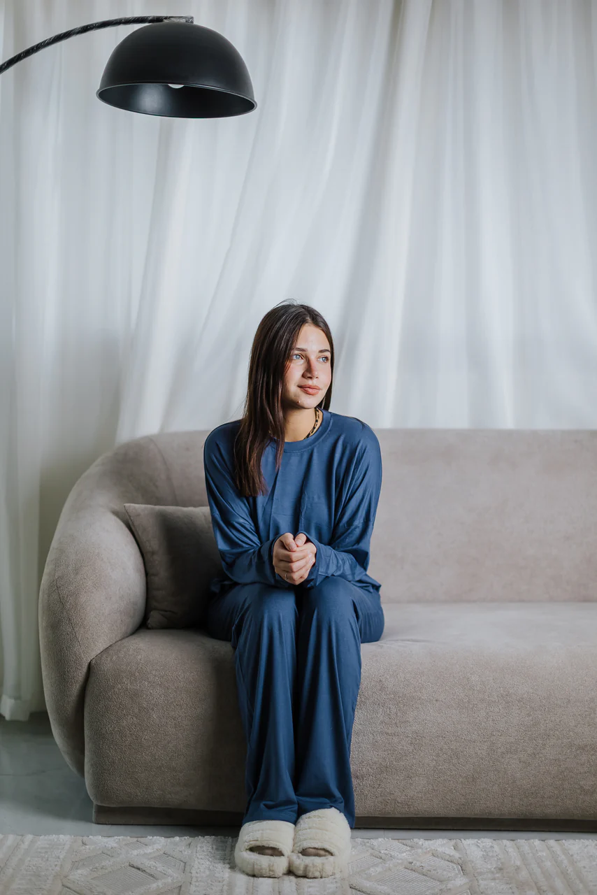Women Fall pajama set Oversized Dusty Blue shirt +Pants - Image 2