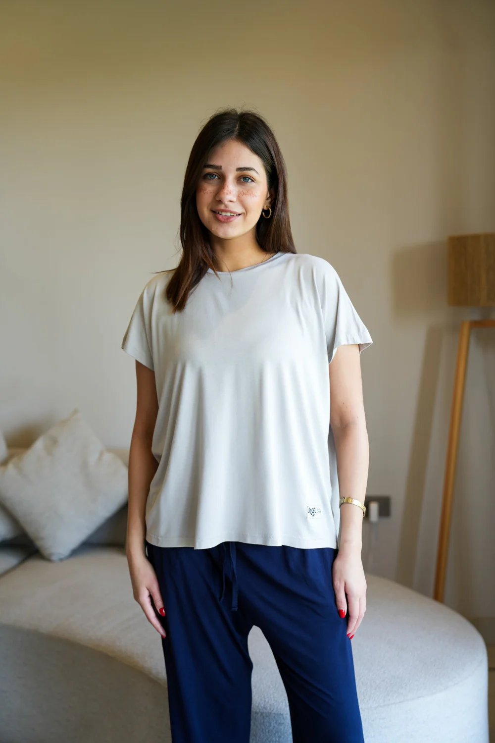 Women summer pajama set Oversized Light Grey shirt + Dark Blue Pants - Image 2