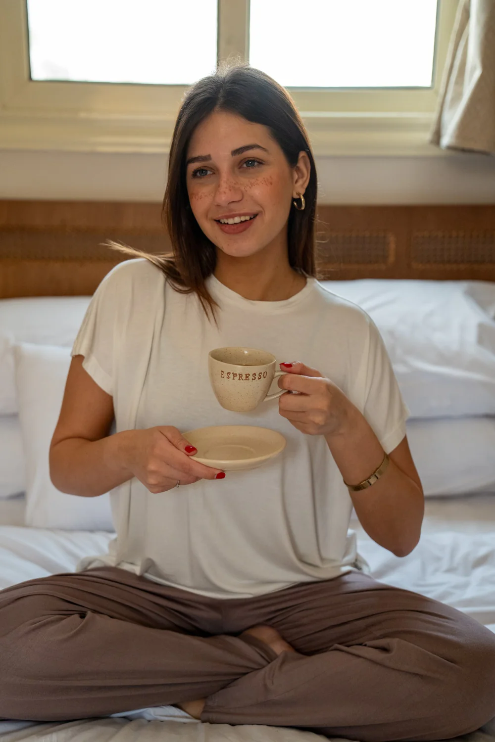 Women summer pajama set Oversized Off White shirt + Choco Pants - Image 2