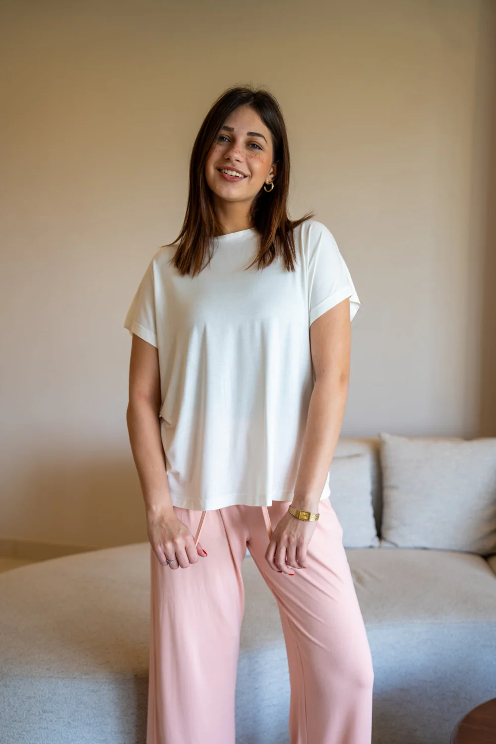 Women summer pajama set Oversized Off White shirt + Simon Pants - Image 3