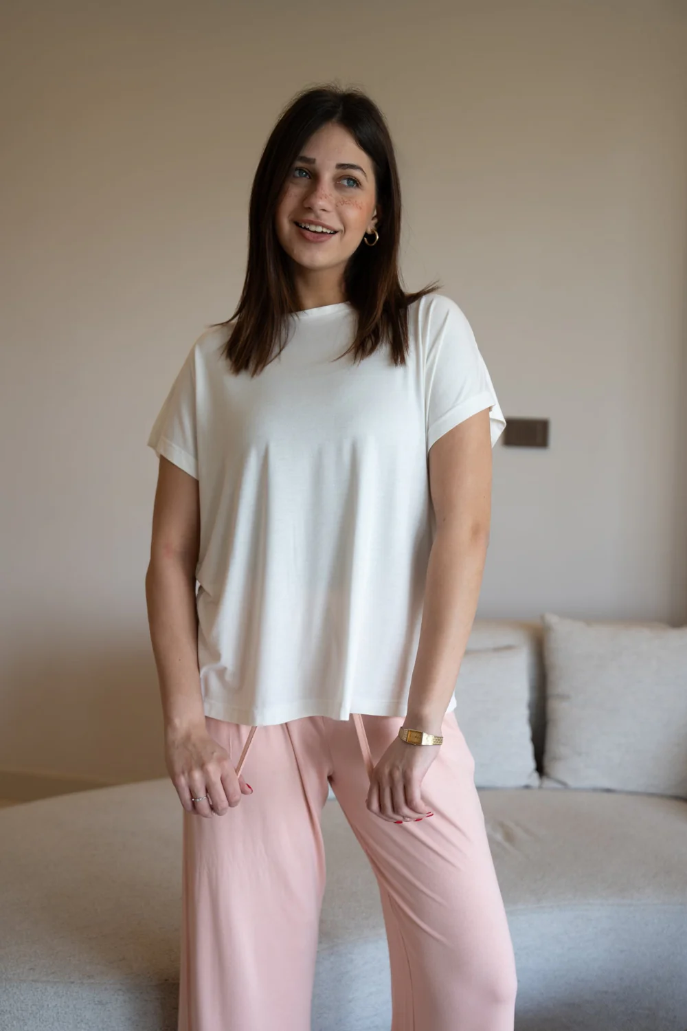 Women summer pajama set Oversized Off White shirt + Simon Pants - Image 4