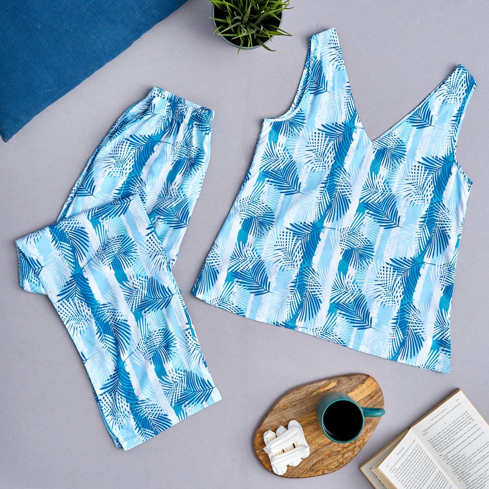 Women summer pajama set  Palm leaves top + Pants - Image 2