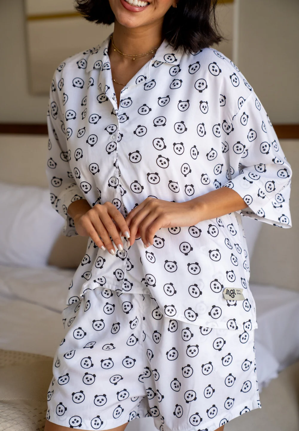 Women Summer Pajama Set Panda Buttoned Shirt + Shorts - Image 2