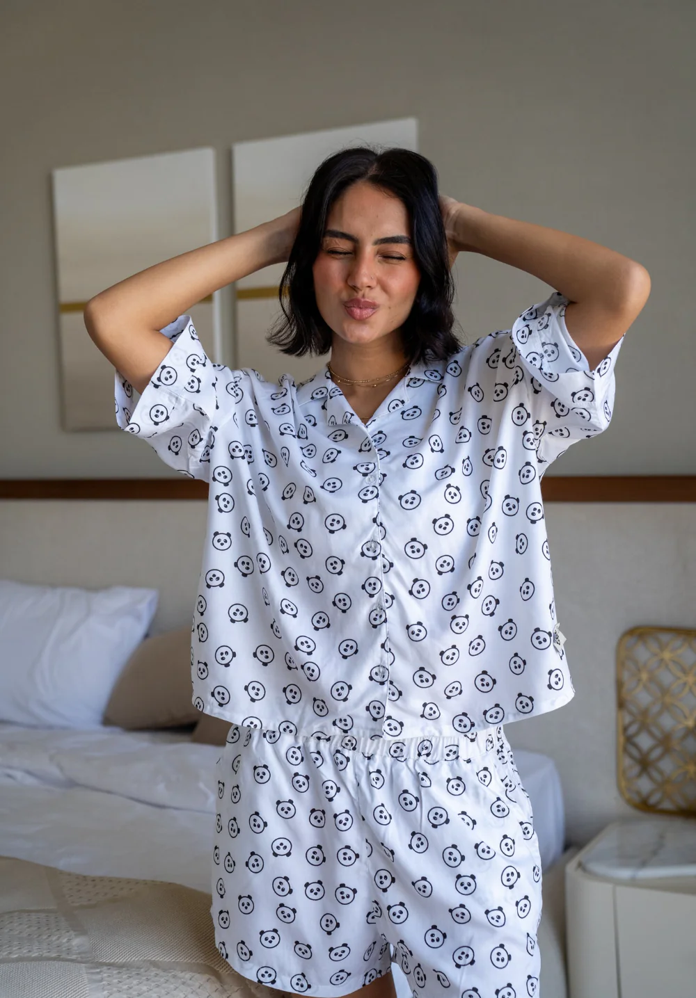 Women Summer Pajama Set Panda Buttoned Shirt + Shorts - Image 3