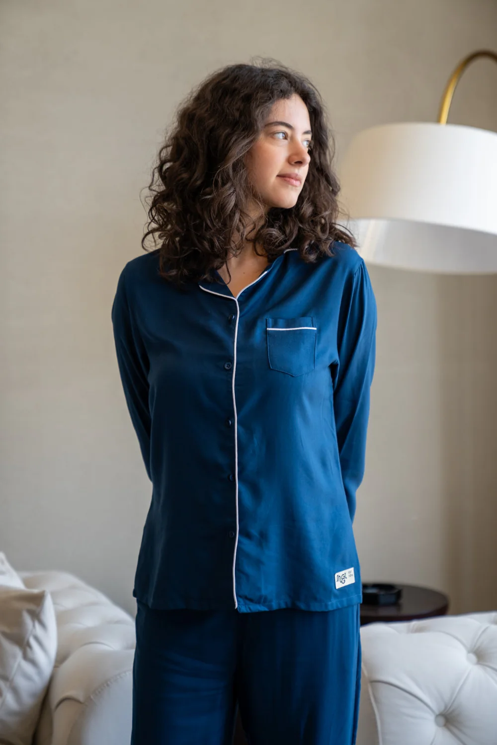 Women summer pajama set Petroleum buttoned Shirt+ Pants - Image 2