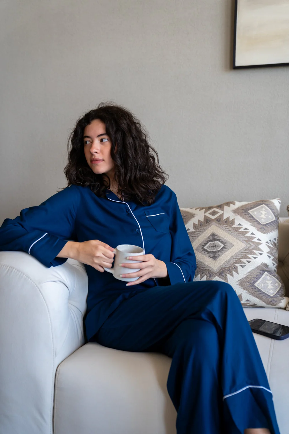 Women summer pajama set Petroleum buttoned Shirt+ Pants - Image 3