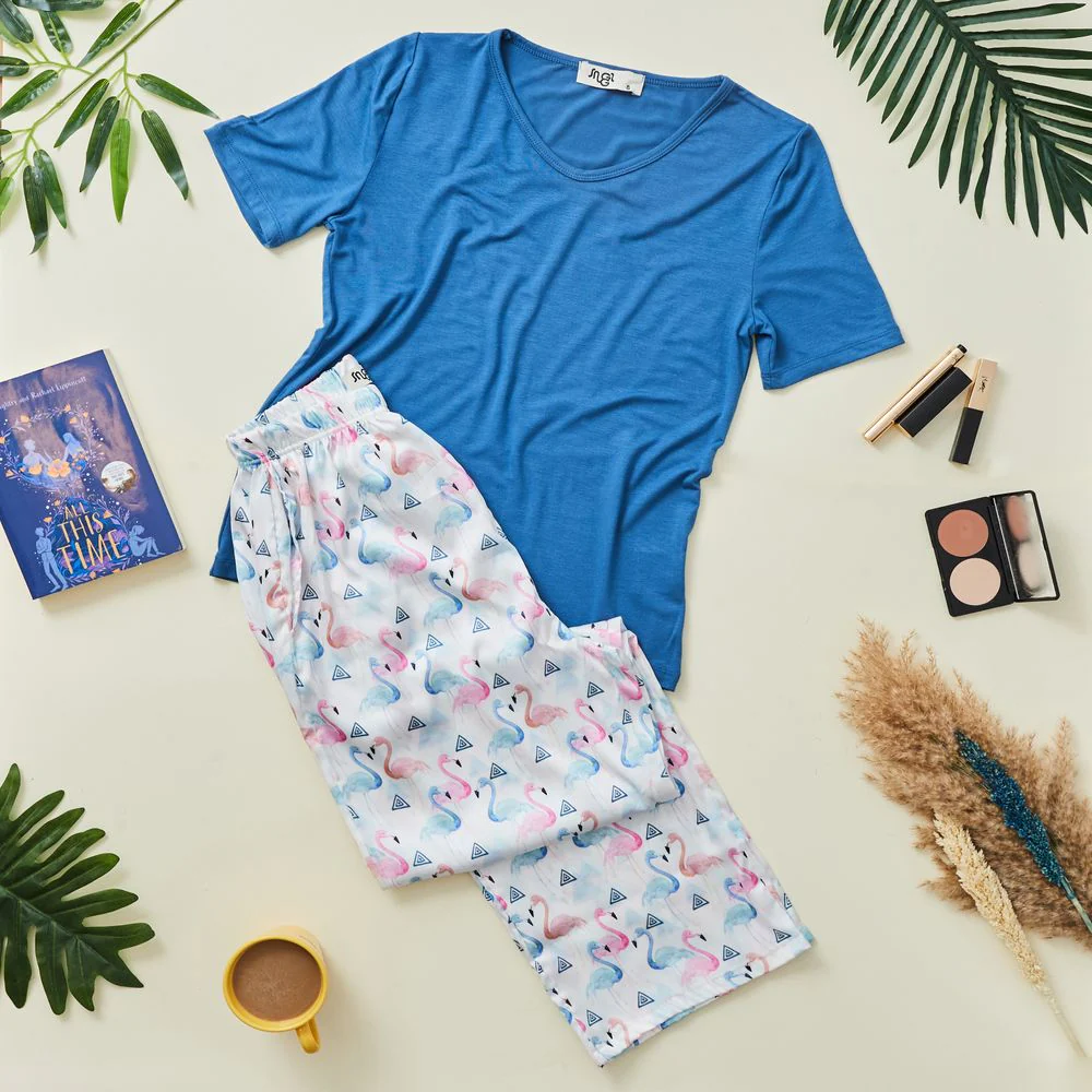 Women summer pajama set Petroleum top + flamingo Pants