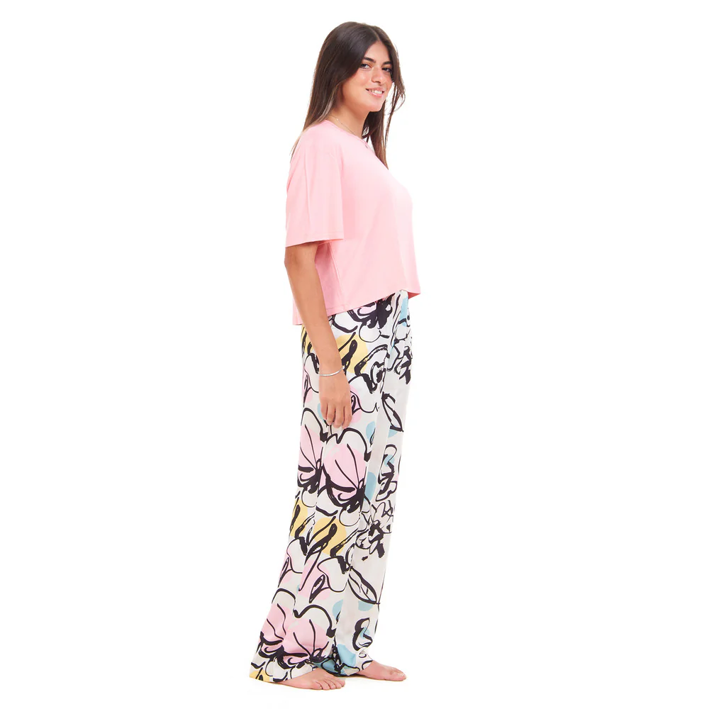 Women summer pajama set Pink Cropped top + Pink Abstract pattern pants - Image 2
