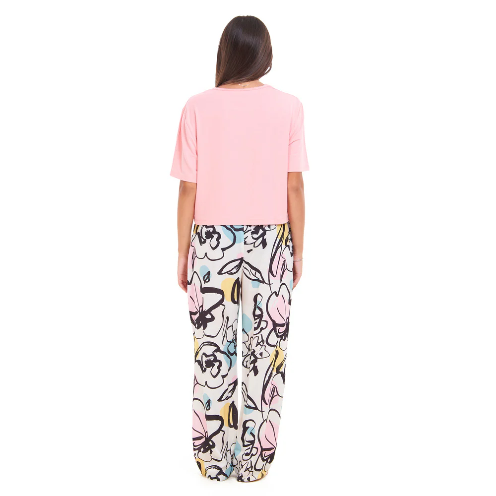 Women summer pajama set Pink Cropped top + Pink Abstract pattern pants - Image 3
