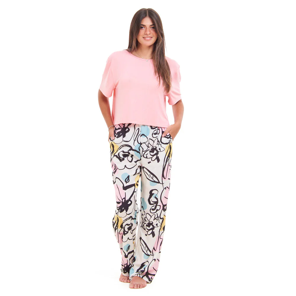 Women summer pajama set Pink Cropped top + Pink Abstract pattern pants - Image 4