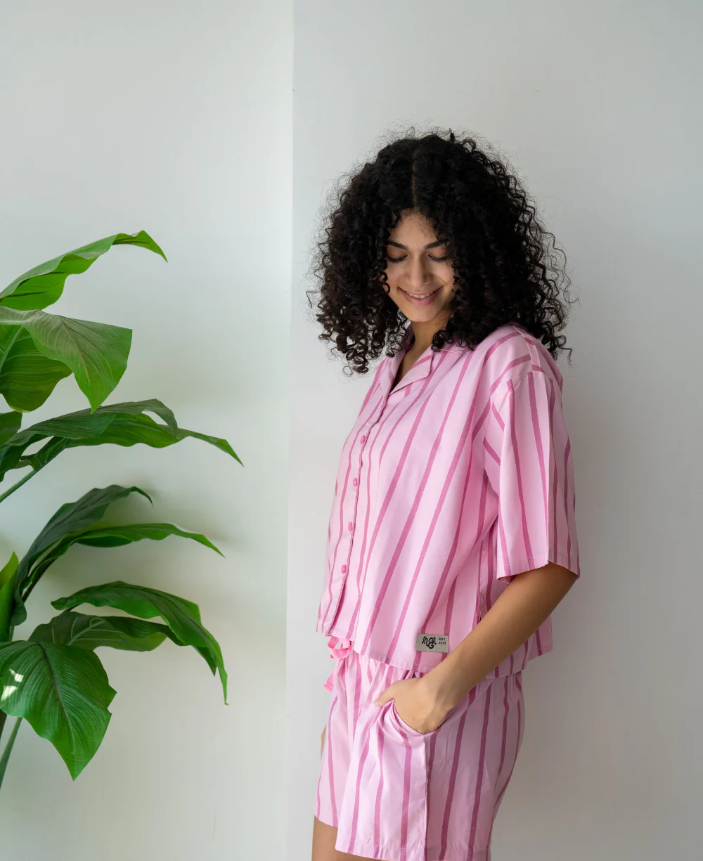 Women Summer Pajama Set Pink Stripes Buttoned Shirt + Shorts - Image 3