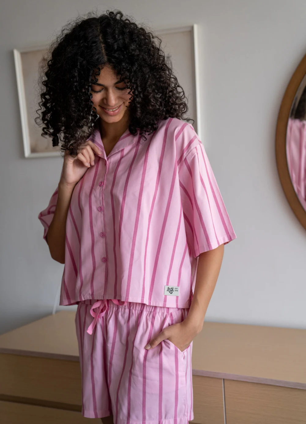 Women Summer Pajama Set Pink Stripes Buttoned Shirt + Shorts - Image 4