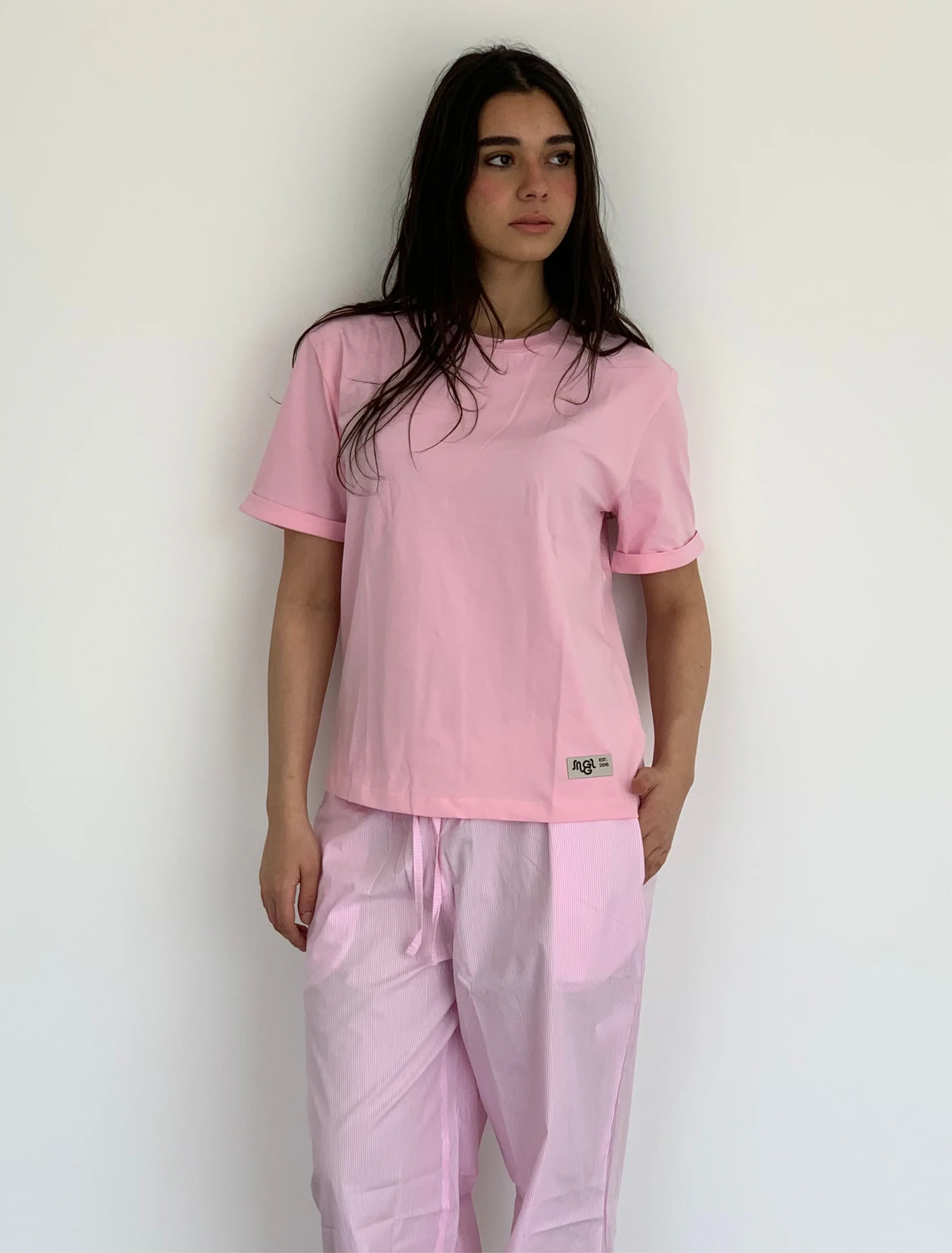 Women summer pajama set Pink Tee + Pink stripes Pants - Image 2