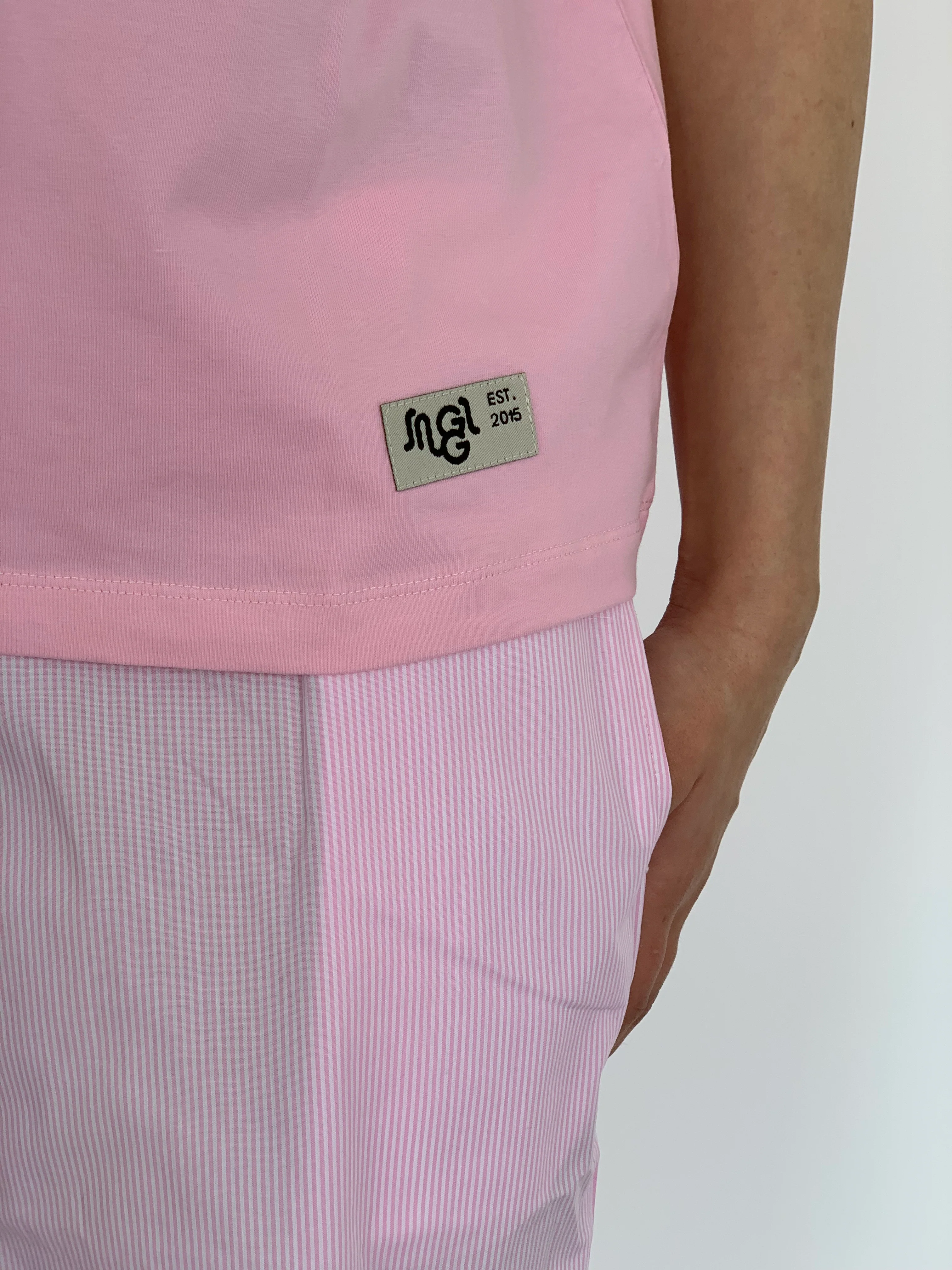 Women summer pajama set Pink Tee + Pink stripes Pants - Image 3