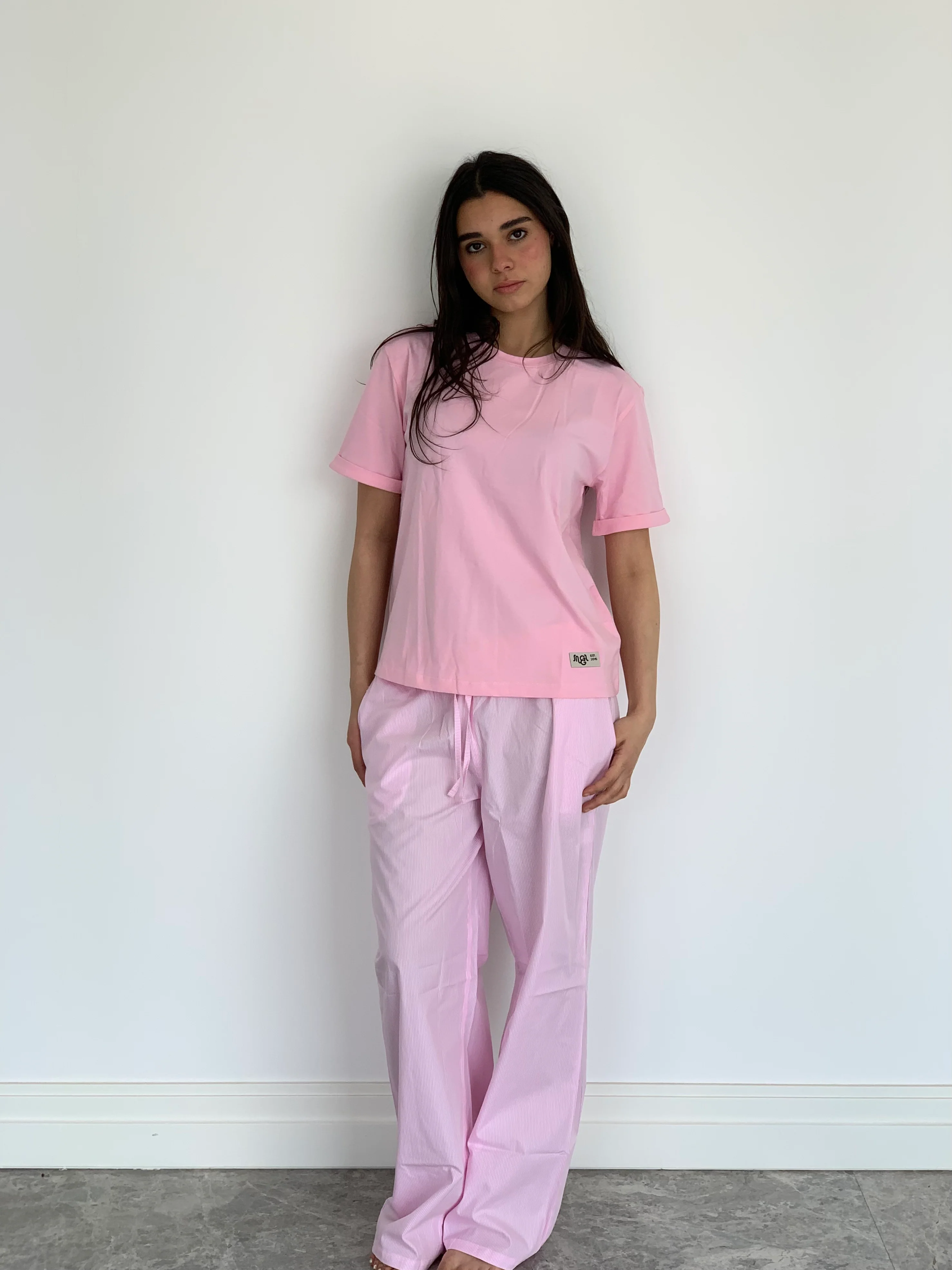 Women summer pajama set Pink Tee + Pink stripes Pants - Image 4
