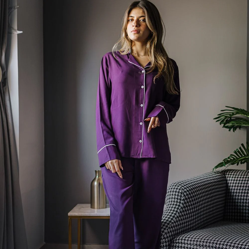 Women summer pajama set Purple buttoned shirt + Pants - Image 2