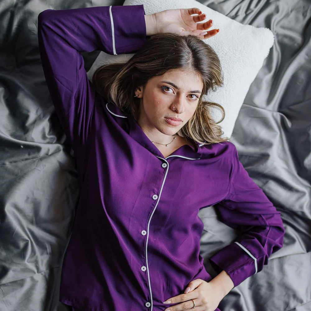 Women summer pajama set Purple buttoned shirt + Pants - Image 3