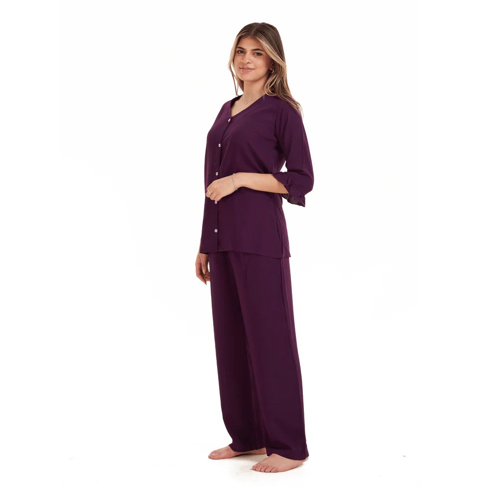 Women summer pajama set  Purple Buttoned Shirt with Ruffled Sleeves shirt + Pants - Image 2