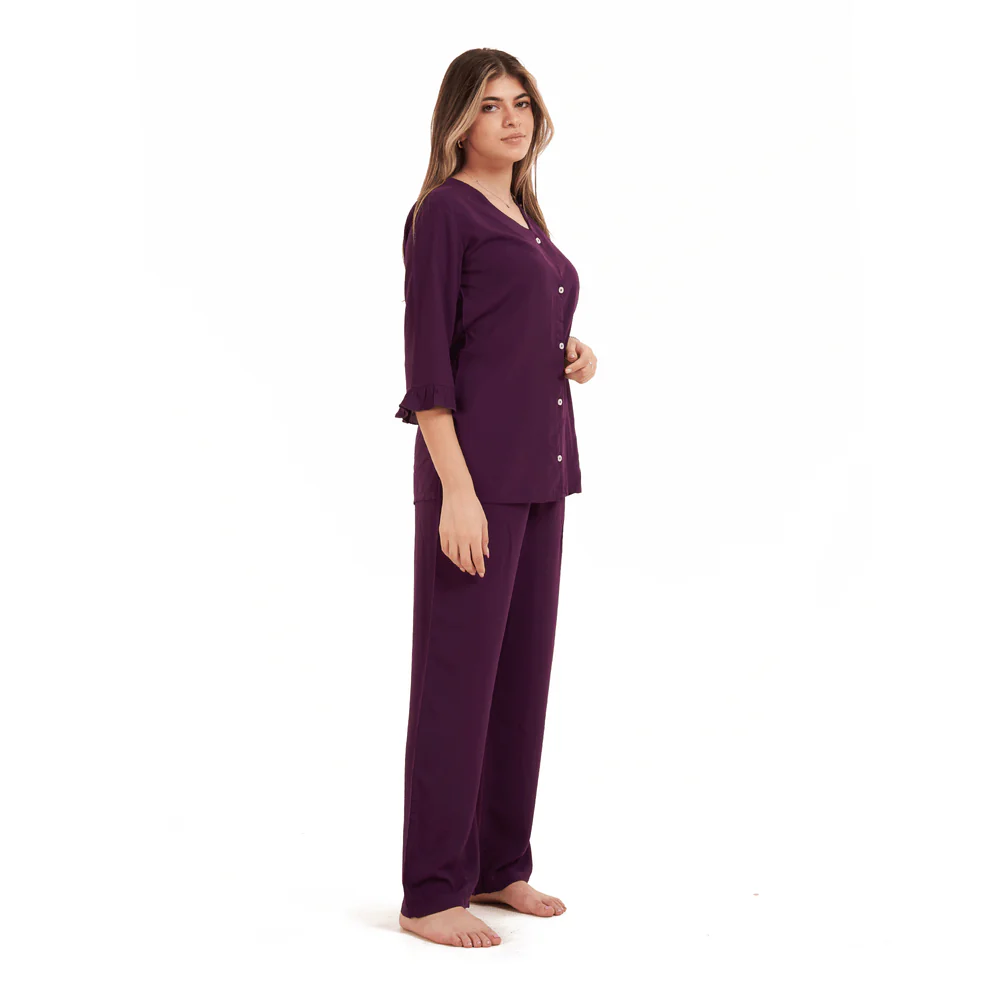 Women summer pajama set  Purple Buttoned Shirt with Ruffled Sleeves shirt + Pants - Image 3