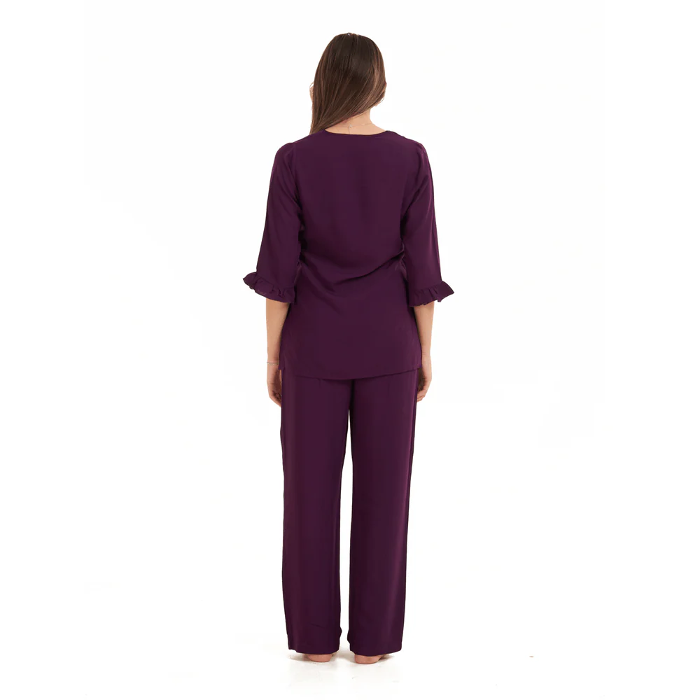 Women summer pajama set  Purple Buttoned Shirt with Ruffled Sleeves shirt + Pants - Image 4