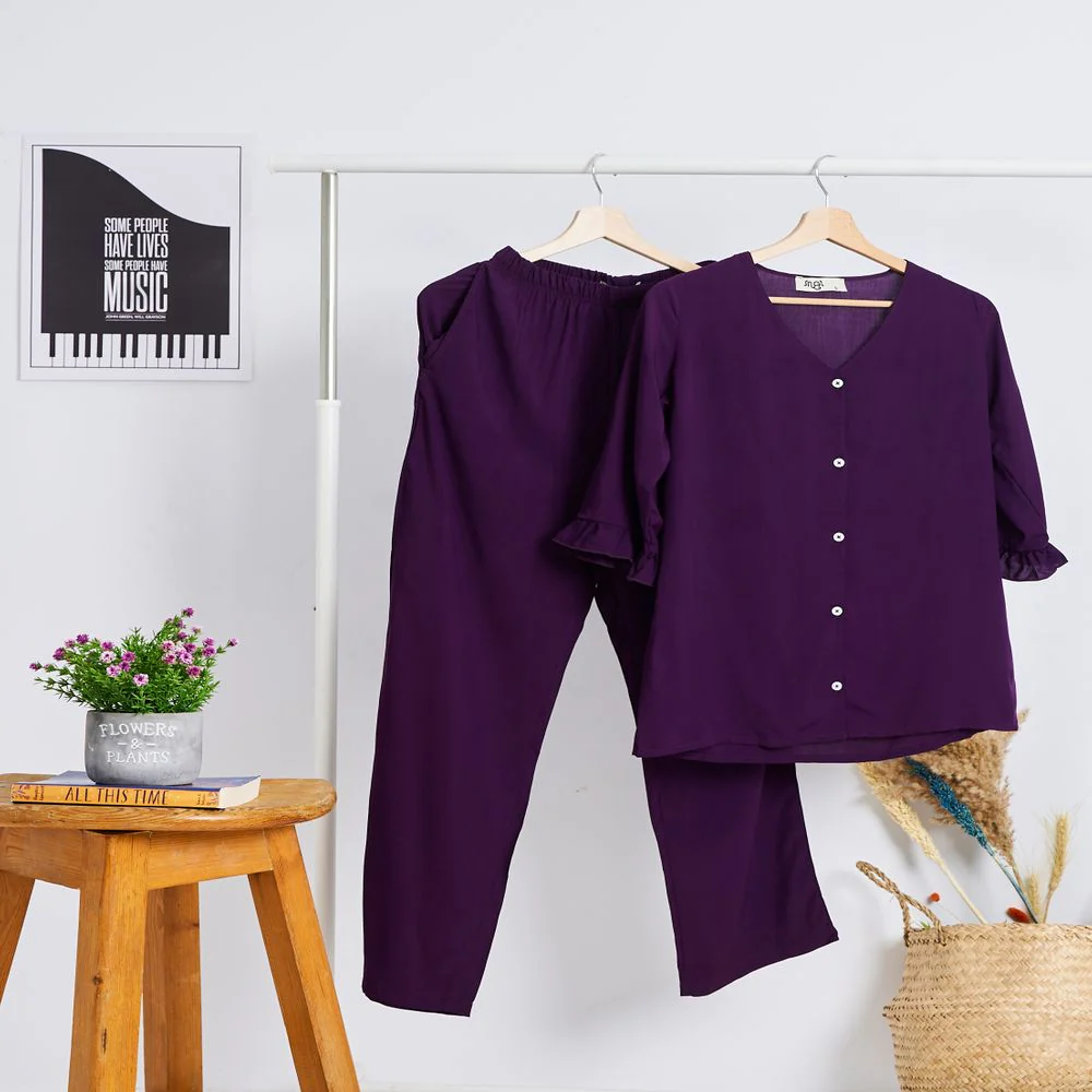 Women summer pajama set  Purple Buttoned Shirt with Ruffled Sleeves shirt + Pants - Image 5