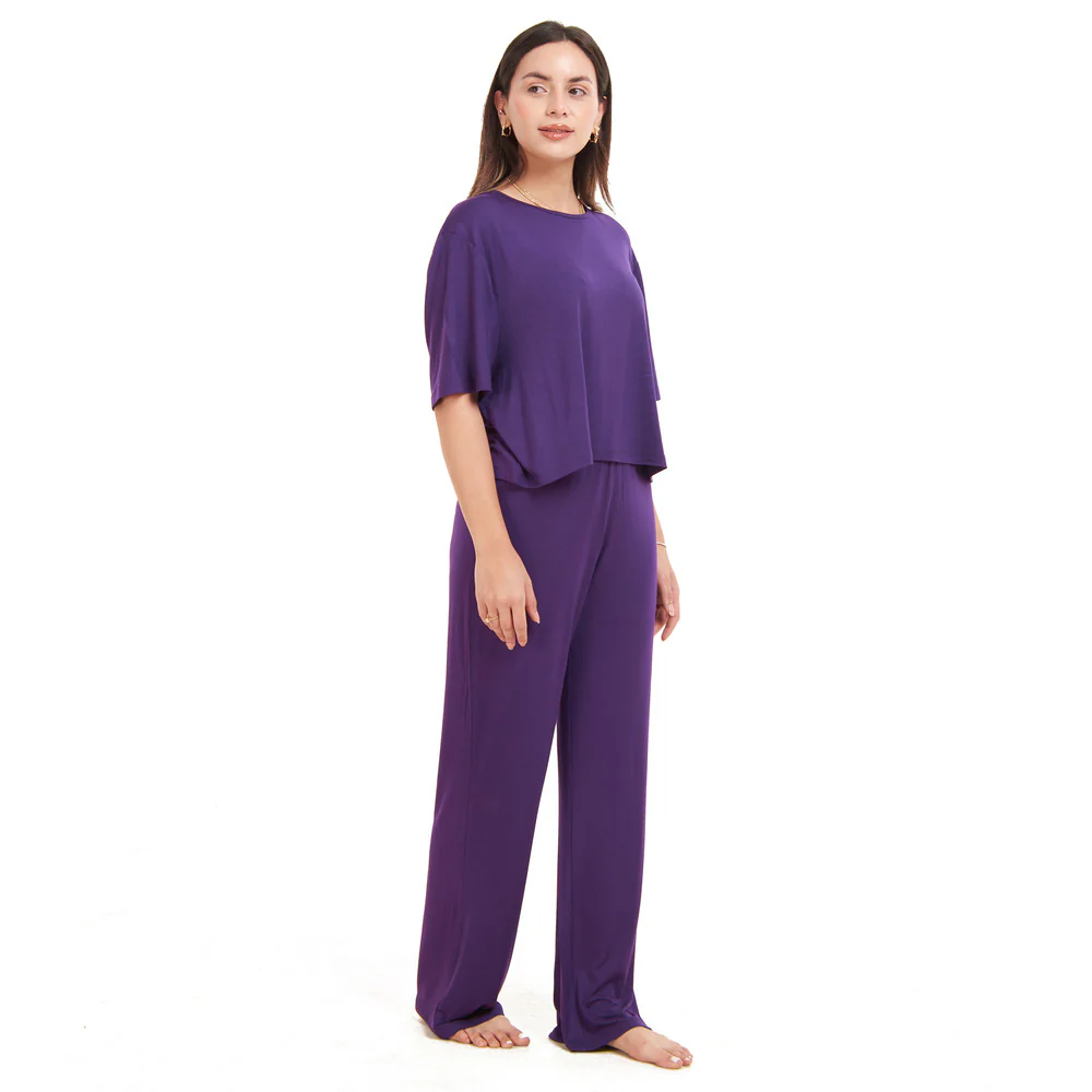 Women summer pajama set Purple Cropped top + pants - Image 3