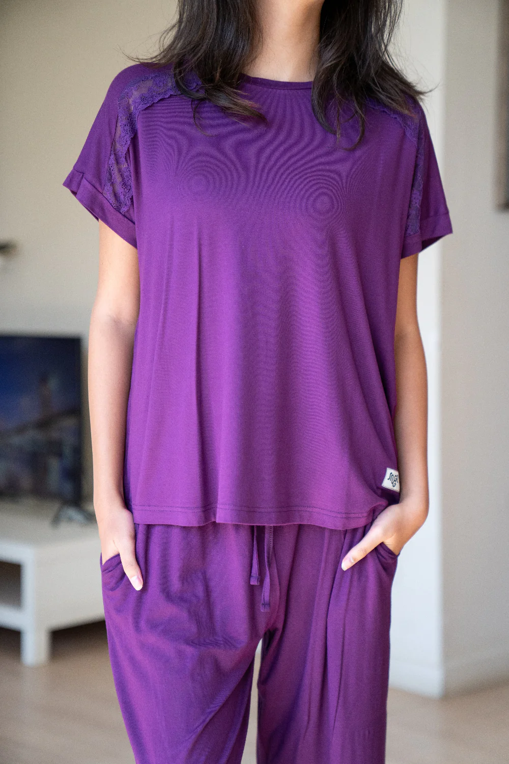 Women summer pajama set Purple Lace shirt + Pants - Image 3