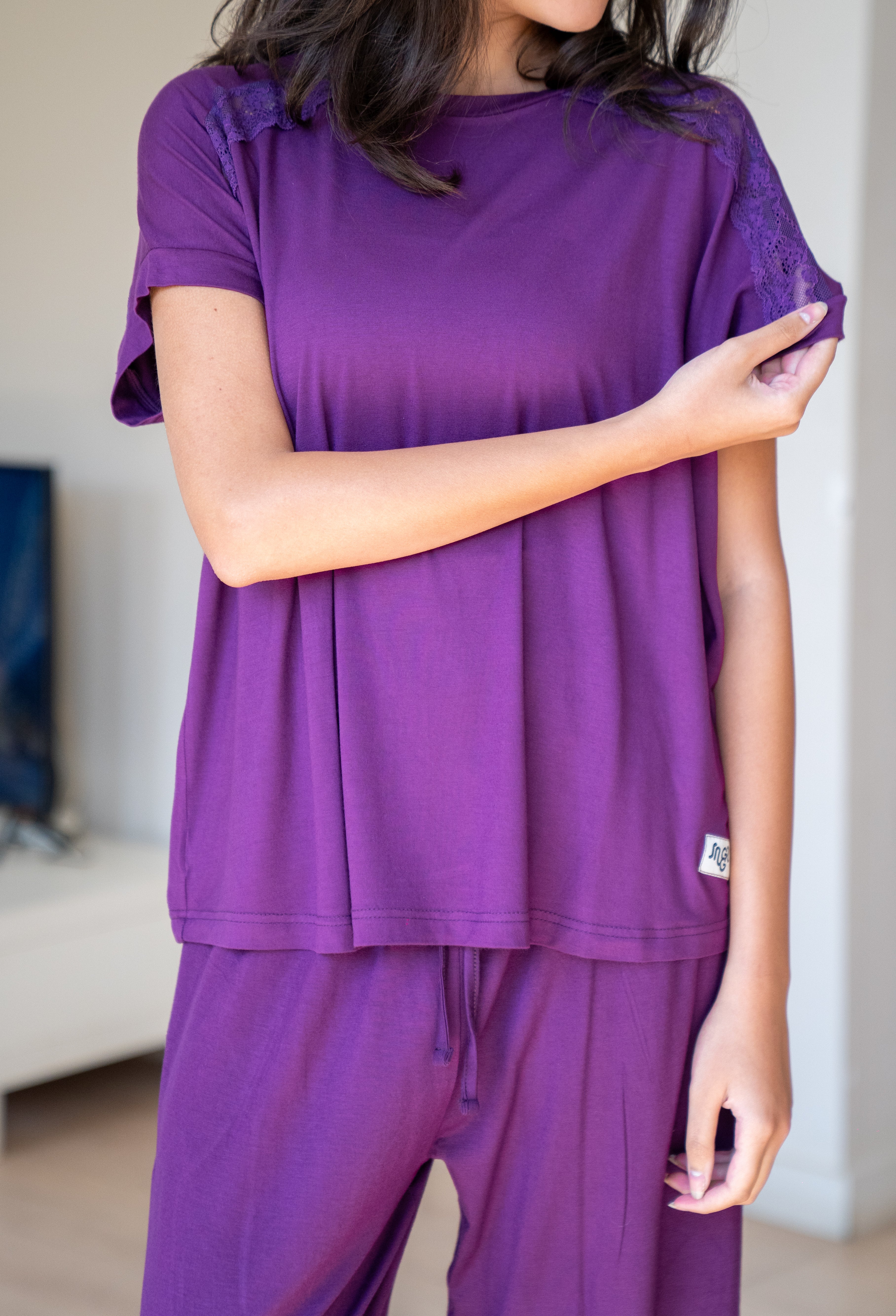 Women summer pajama set Purple Lace shirt + Pants - Image 4