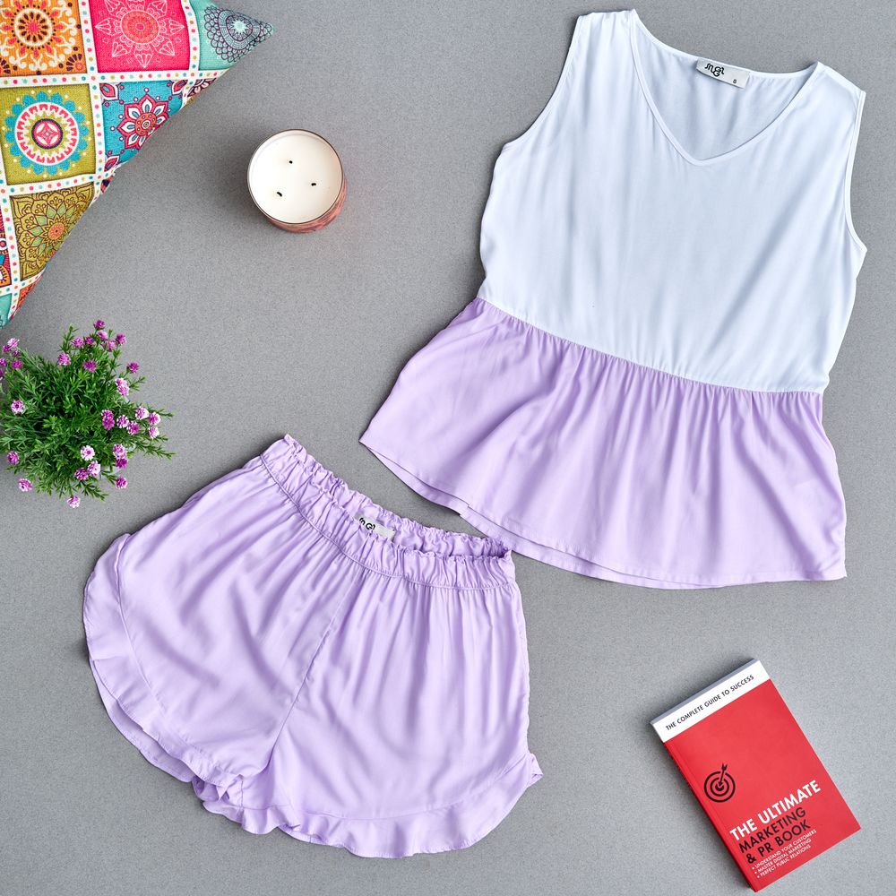 Women summer pajama set Purple ruffles top + Ruffles shorts