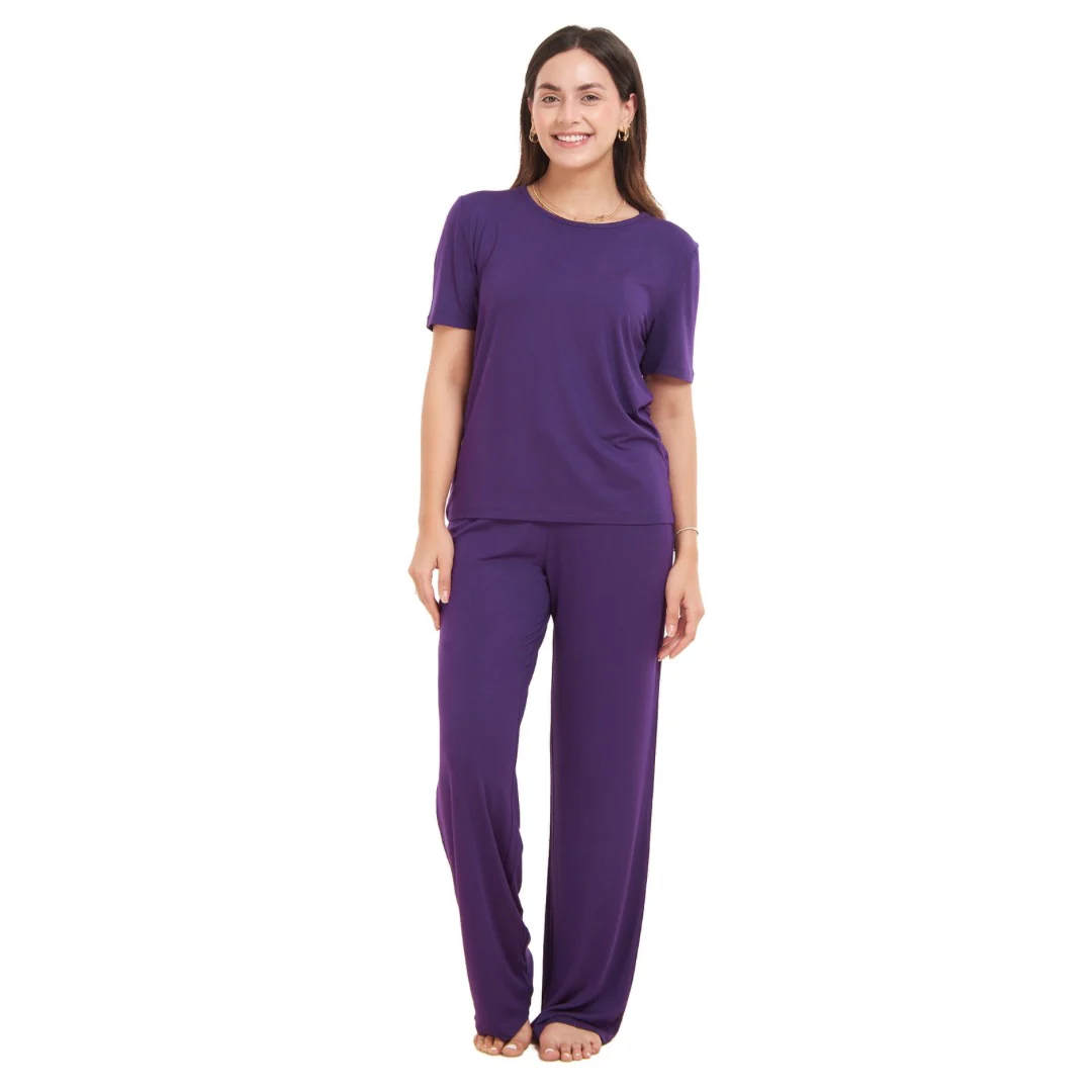 Women summer pajama set Purple shirt + Pants - Image 3