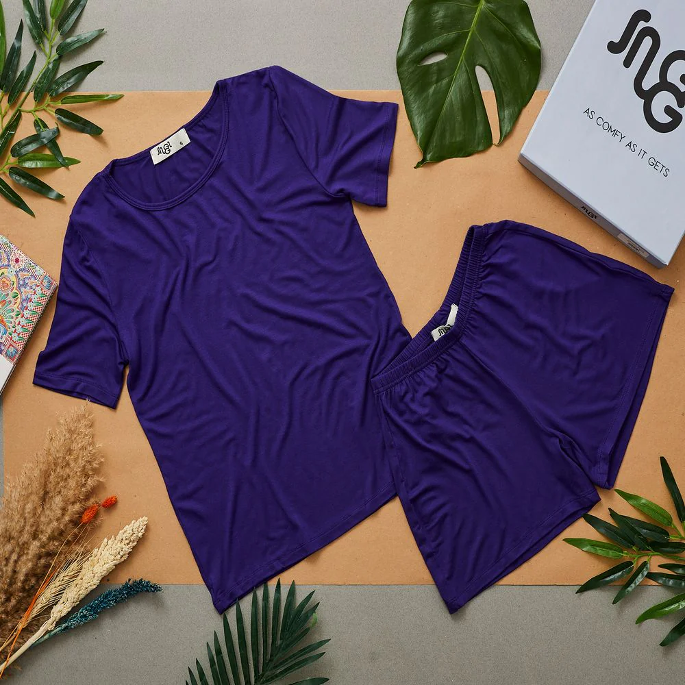 Women summer pajama set Purple shirt + shorts - Image 2