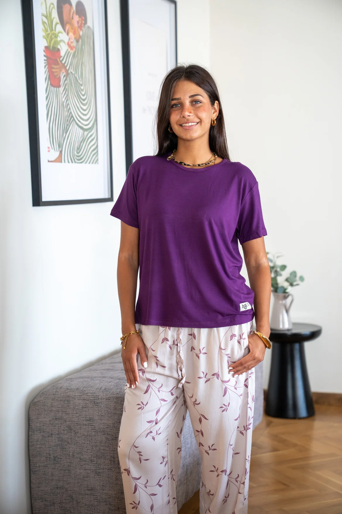 Women summer pajama set Purple Tee + Minimal floral vine Pants
