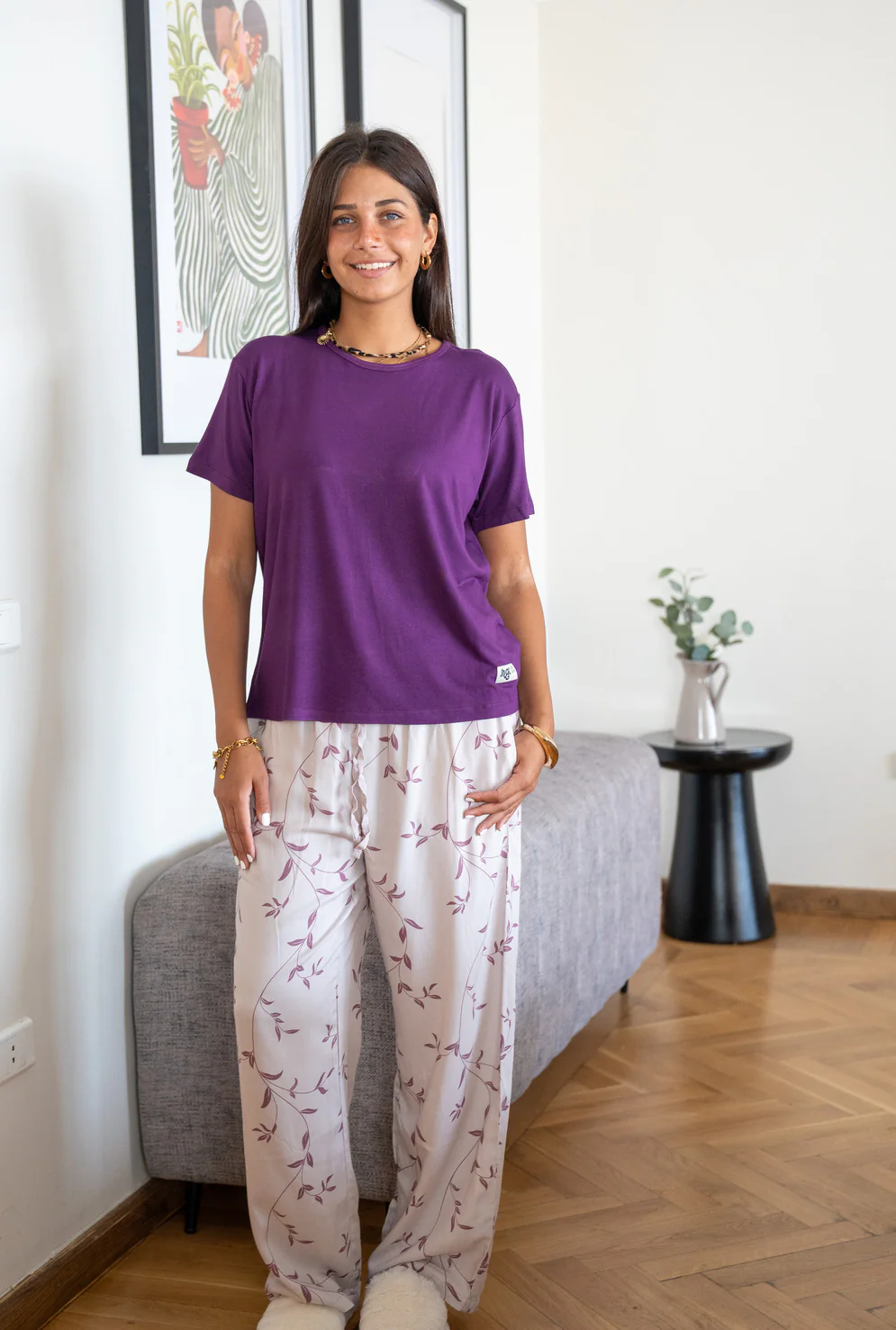 Women summer pajama set Purple Tee + Minimal floral vine Pants - Image 2