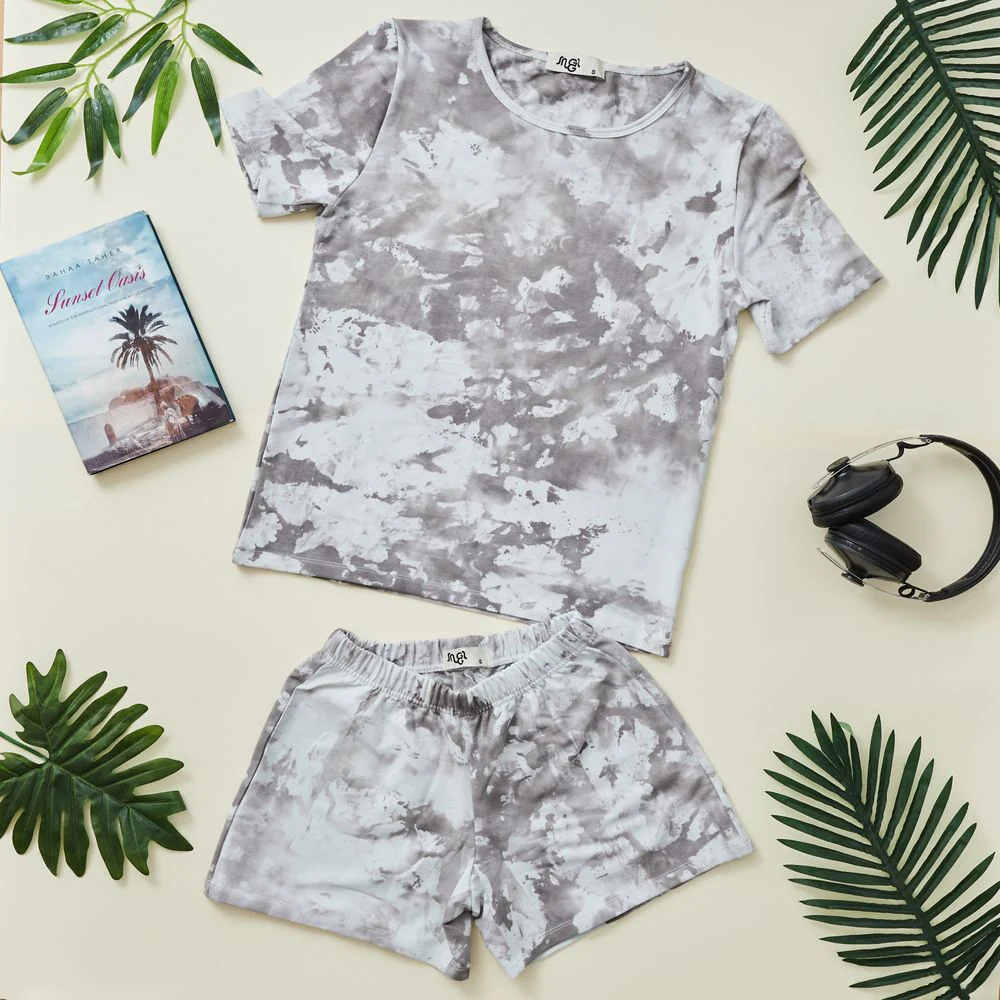 Women summer pajama set cafe tie dye shirt + shorts
