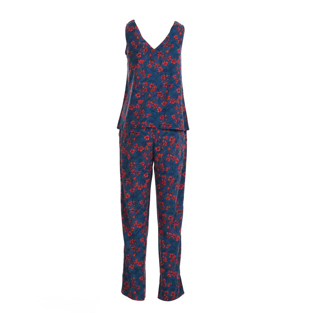 Women summer pajama set Red Flowers top + Pants - Image 3