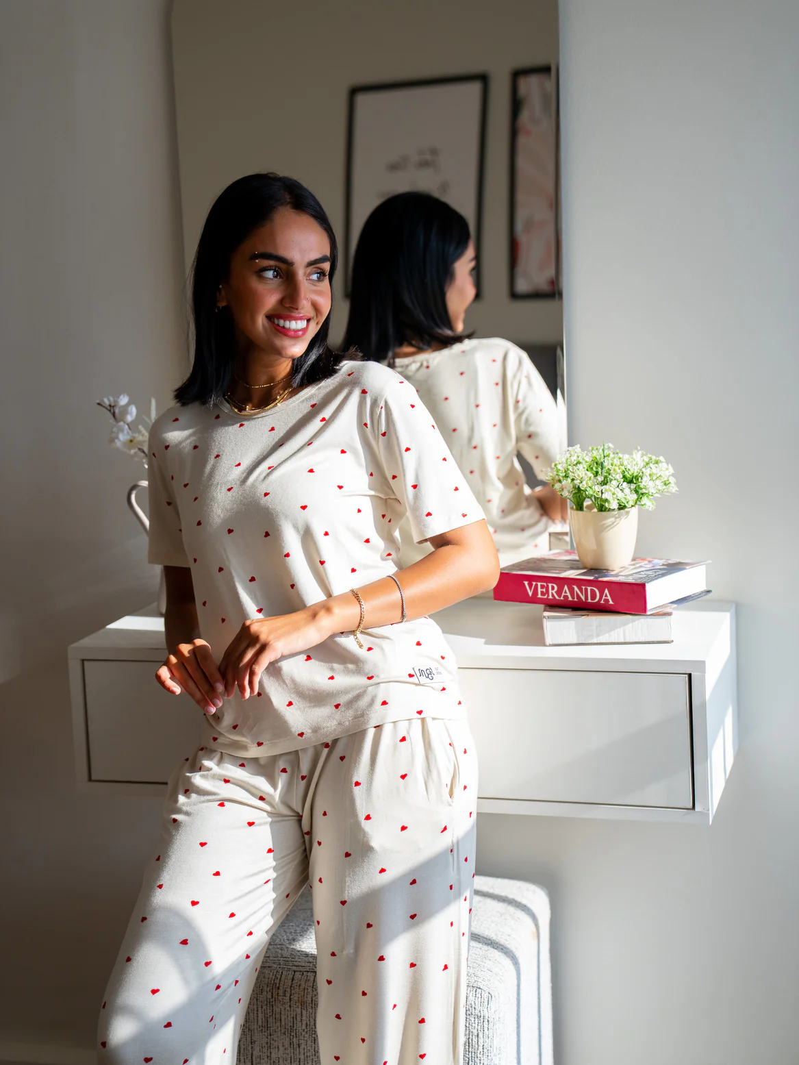 Women summer pajama set Red Hearts T-shirt + Pants - Image 2