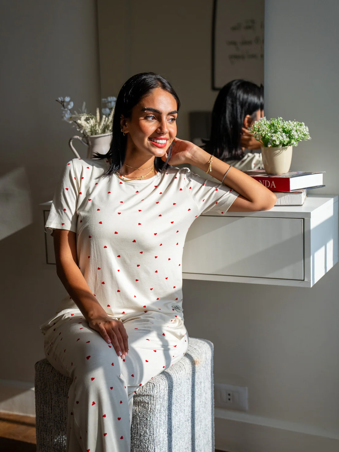 Women summer pajama set Red Hearts T-shirt + Pants - Image 3