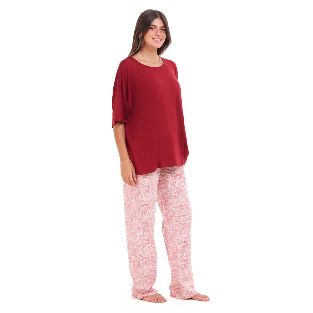 Women summer pajama set Red Oversized top + Red Flory Outines pants - Image 2